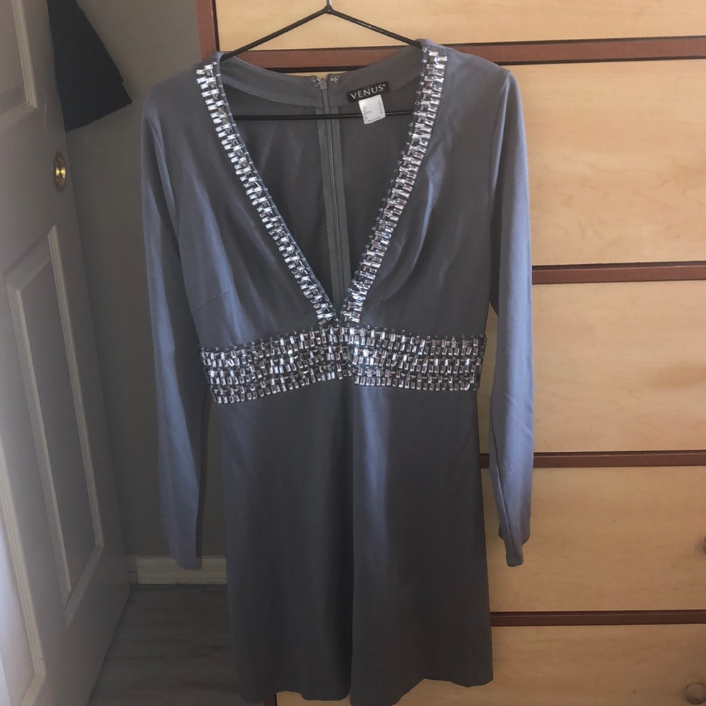 Dark Gray bejeweled dress with deep V neck Size 8